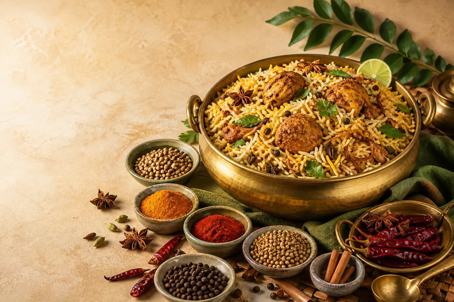 Chicken biriyani with bowls of spices, curry leaves, dried chilies, star anise, cardamom and cinnamon