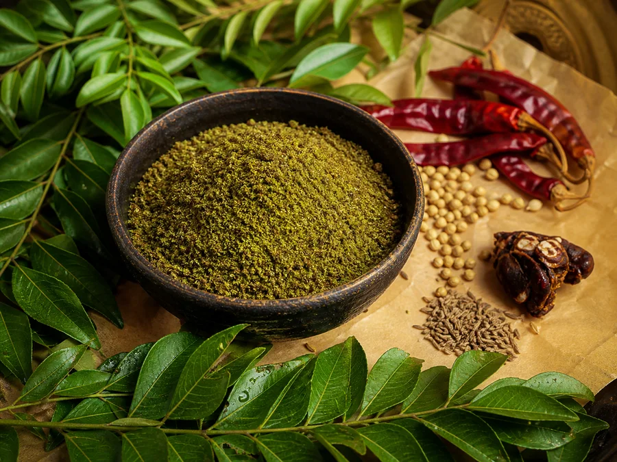 Curry Leaf Idli Podi spice blend with its featured ingredients