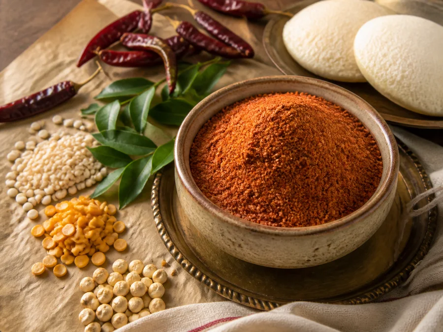 Traditional Idli Podi spice blend with its featured ingredients