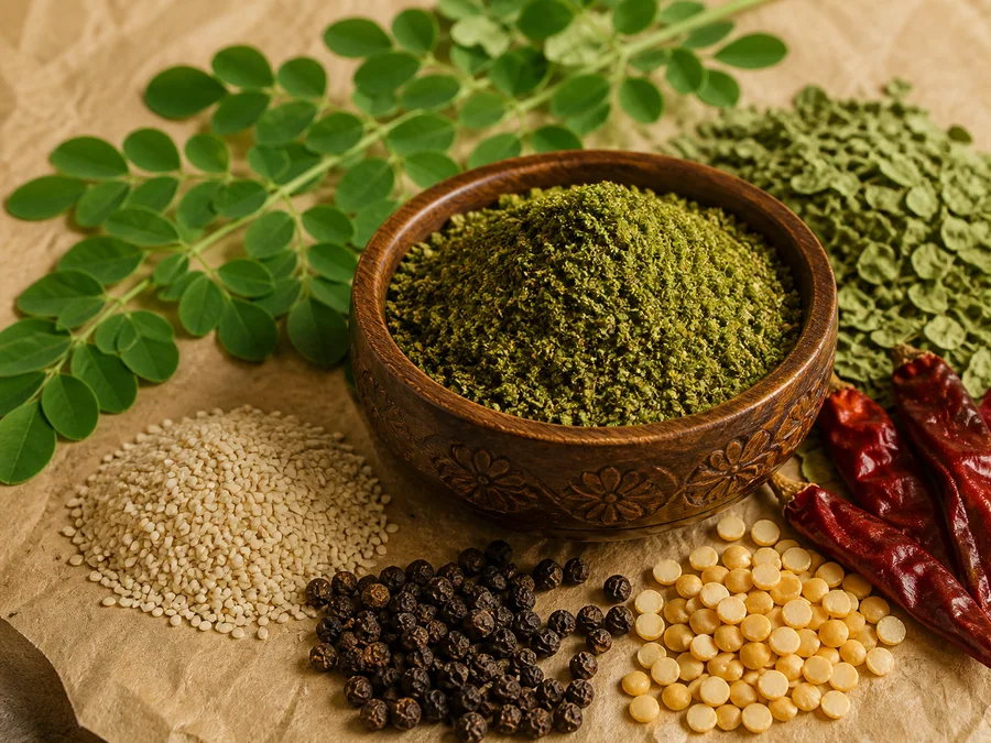 Moringa Idli Podi spice blend with its featured ingredients